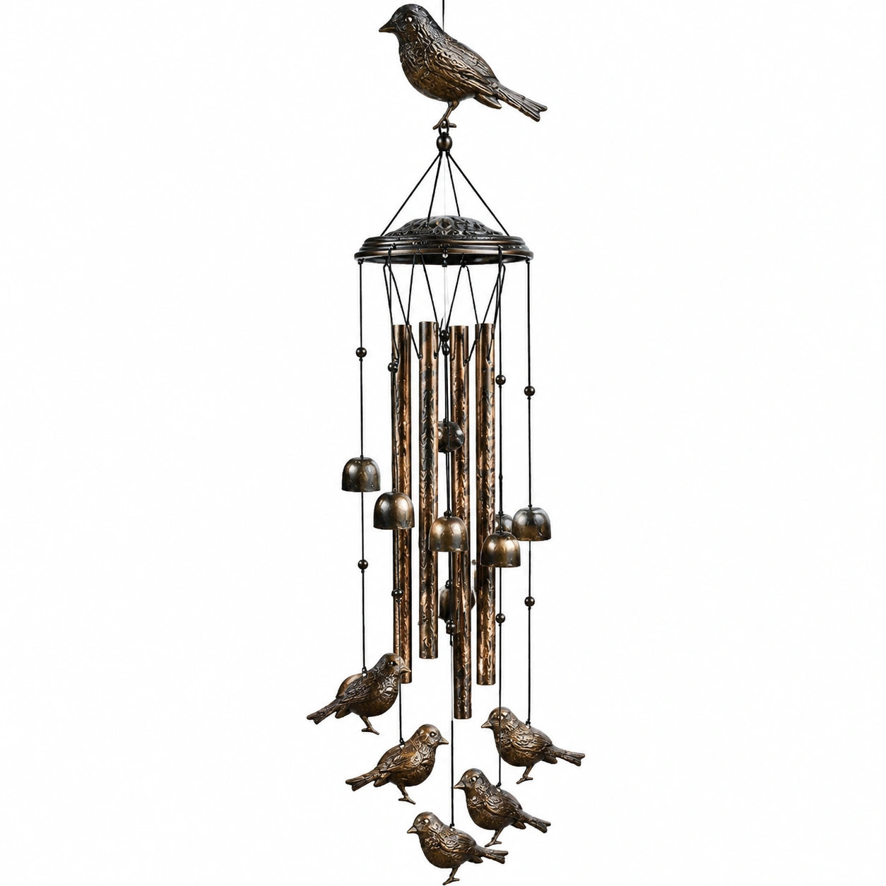 Carillon eolico decorativo con uccellini in bronzo