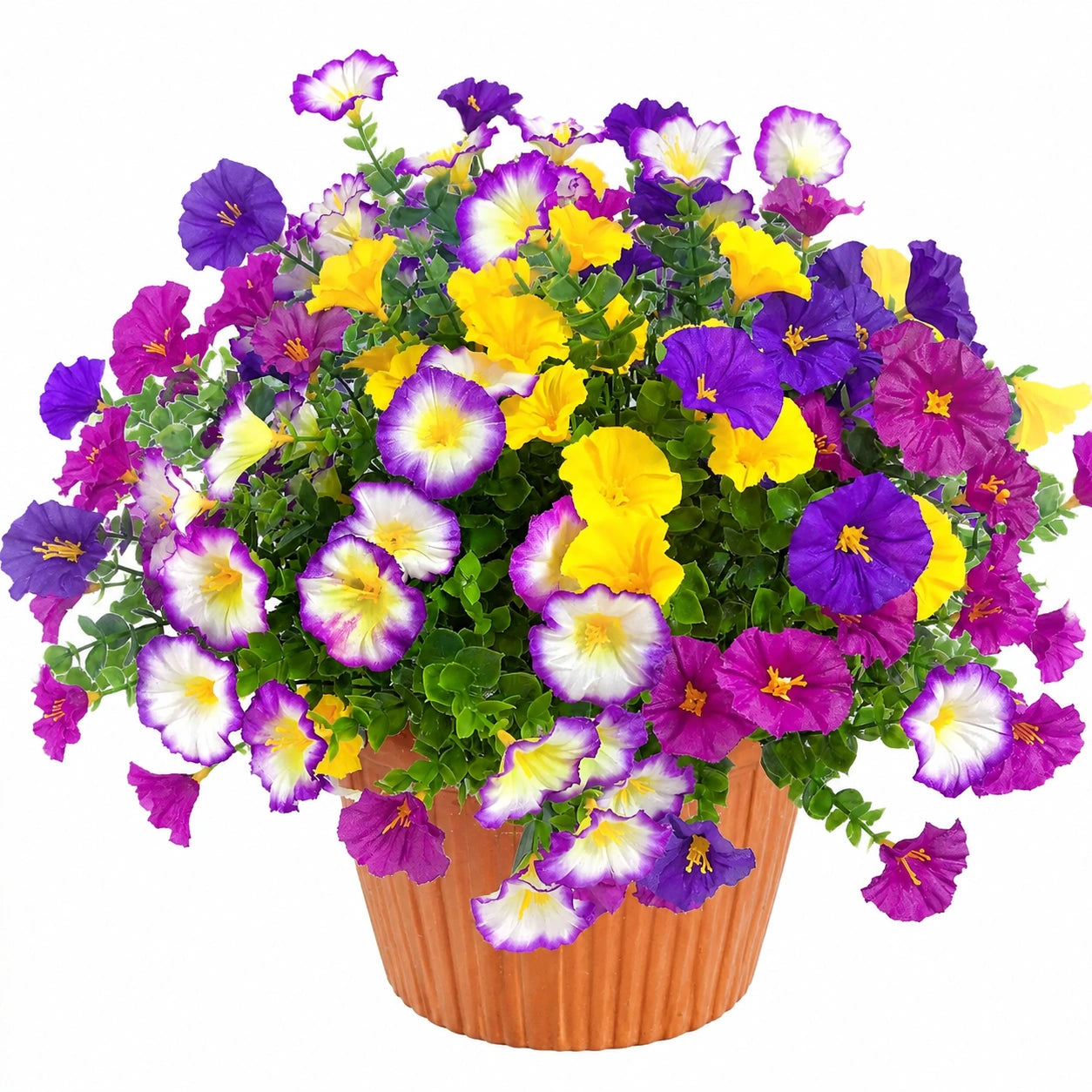 Composizione Floreale Artificiale Viola, Giallo e Rosa con Vaso
