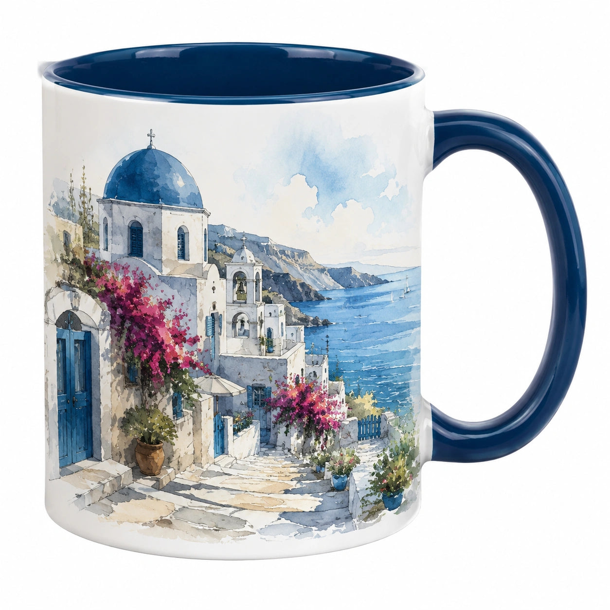 Tazza in Ceramica con Paesaggio Greco Blu e Bianco