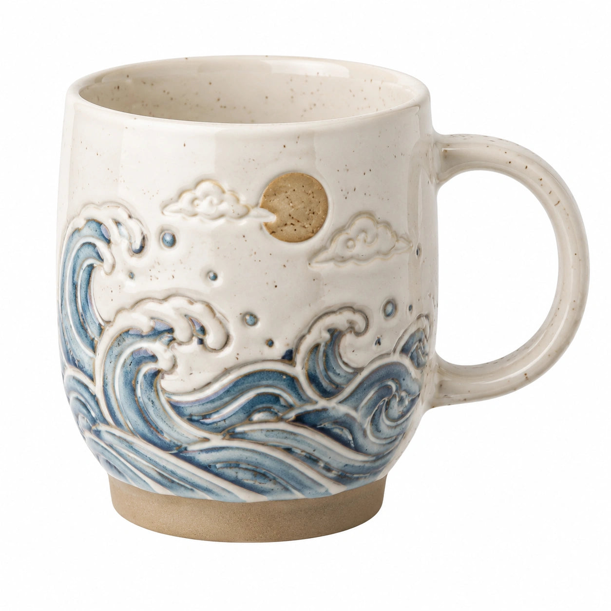 Tazza Decorativa in Ceramica con Onde e Sole, Bianco e Blu, 300ml